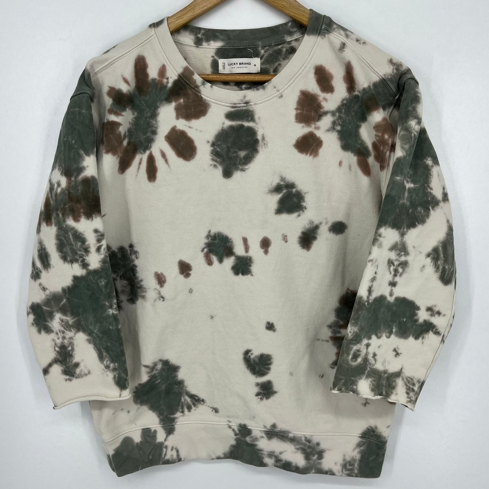 Lucky Brand Womens XS Tie Dye Sweatshirt 3/4 Sleeve Green Brown Cotton Pullover